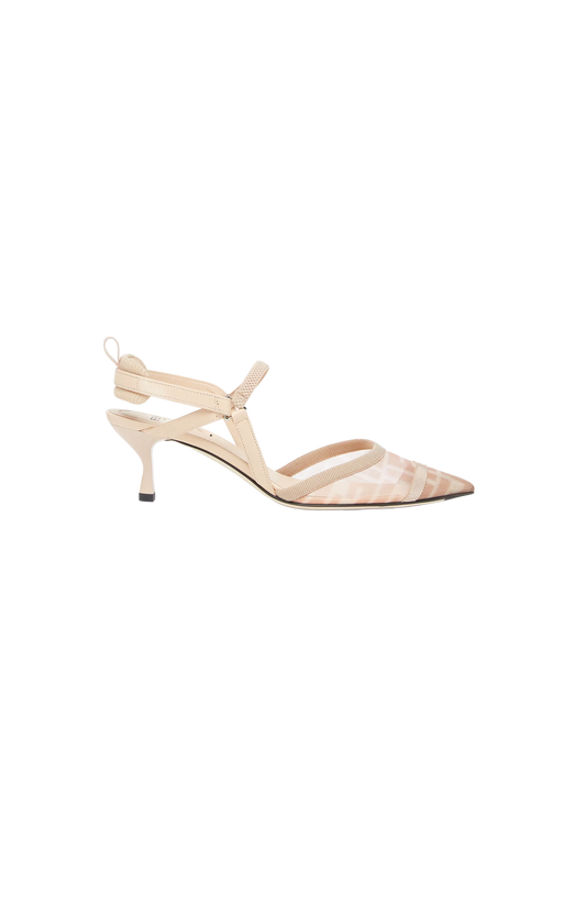 Beige high-heeled shoes with thin straps on a white background
