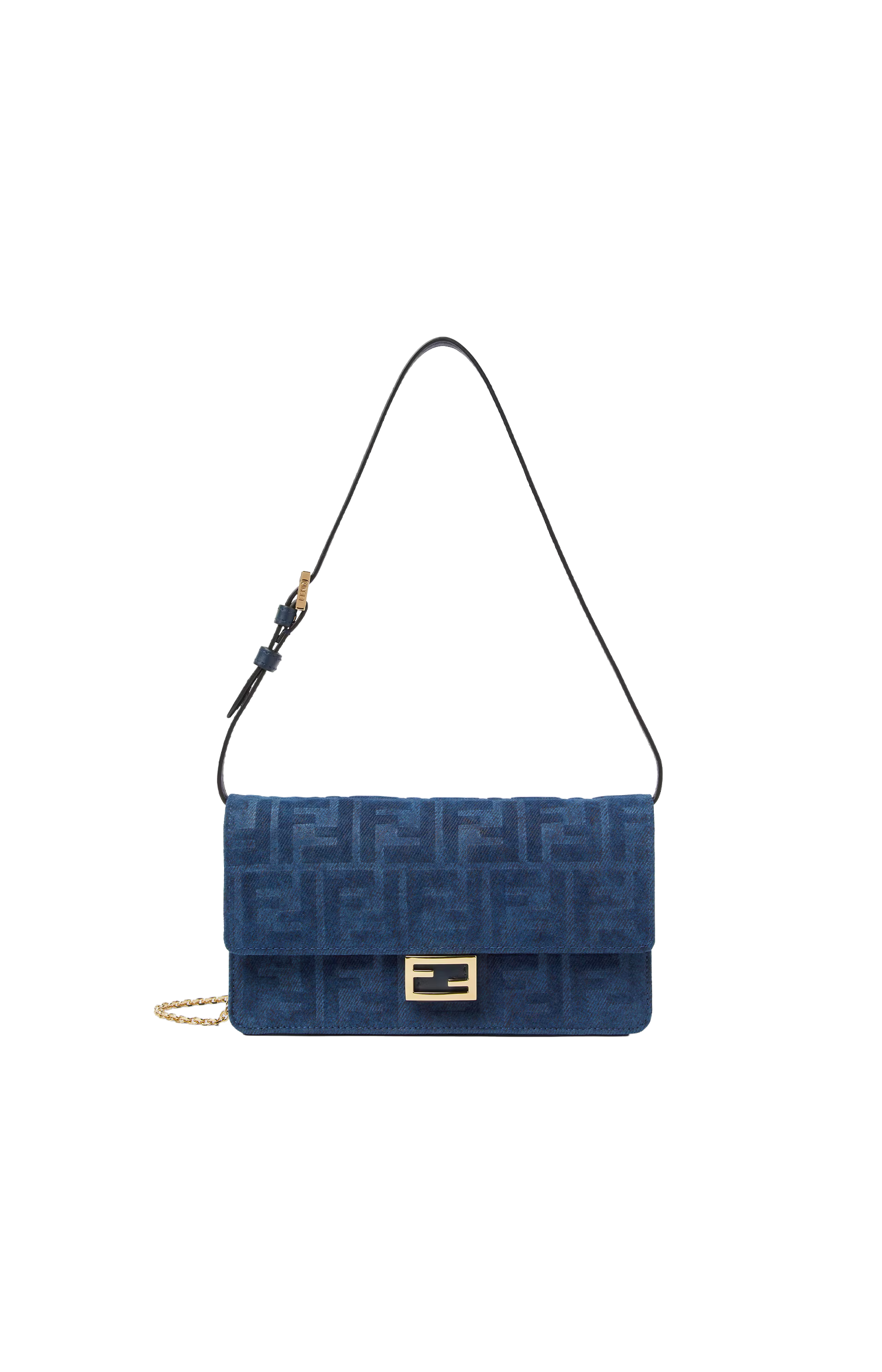 Denim baguette bag with golden hardware. 