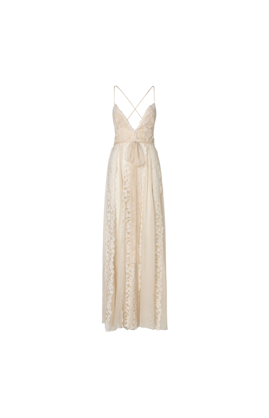 Fendi Chiffon and Peonia Lace Dress in Ivory — front view