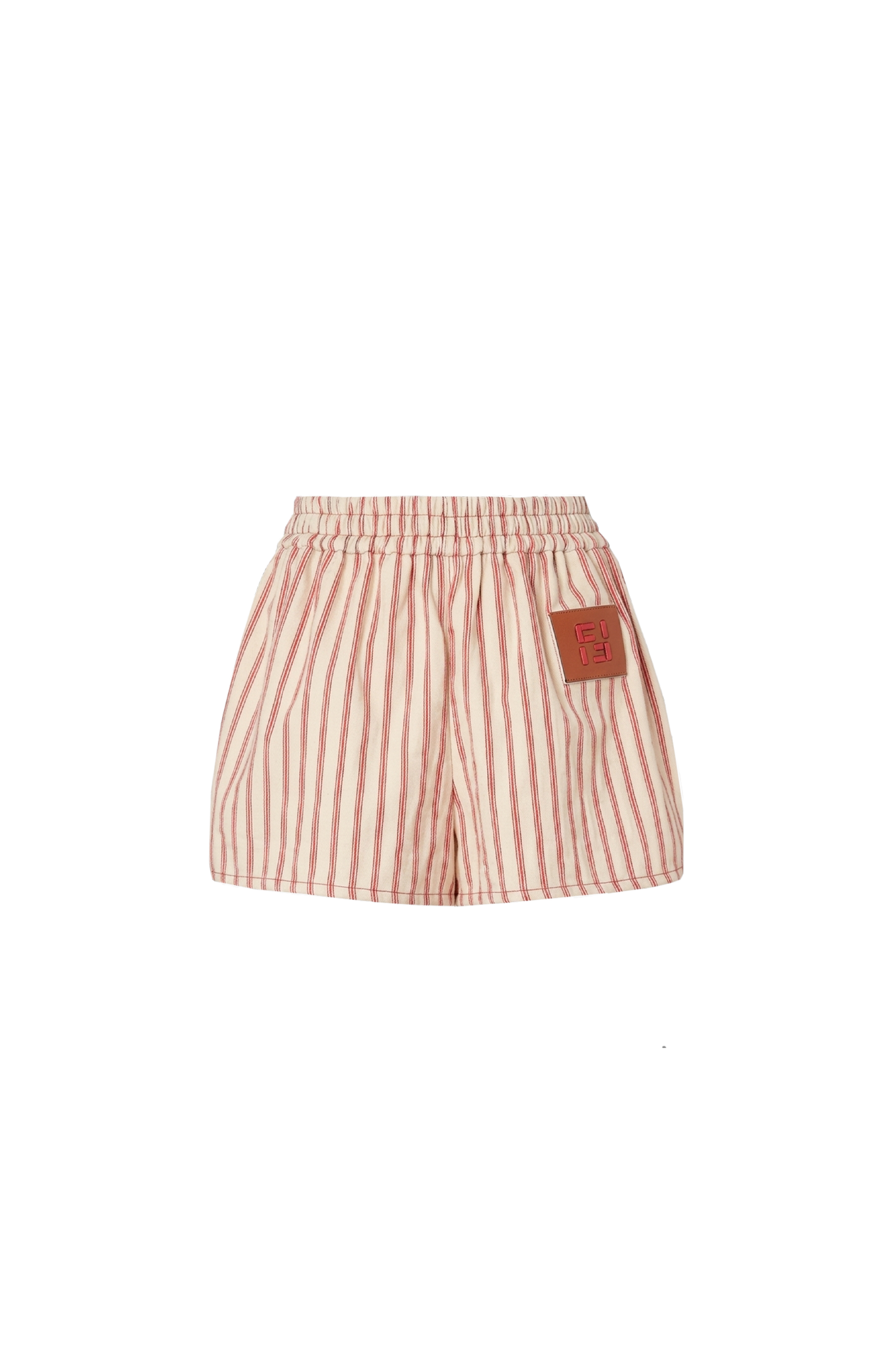 Beige FF Denim Shorts with Red Stripes