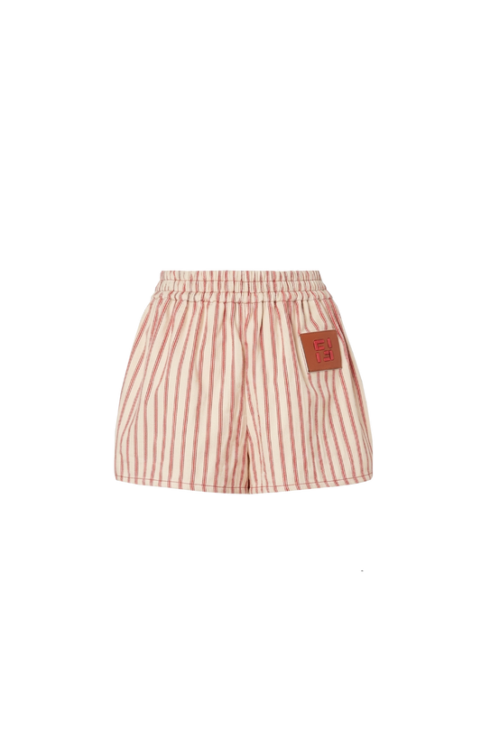 Beige FF Denim Shorts with Red Stripes