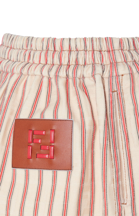 Beige FF Denim Shorts with Red Stripes