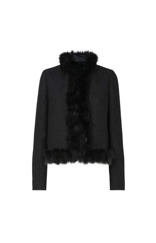 Fendi Fox Fur-Trimmed Bouclé Wool Blouson in Black — front view
