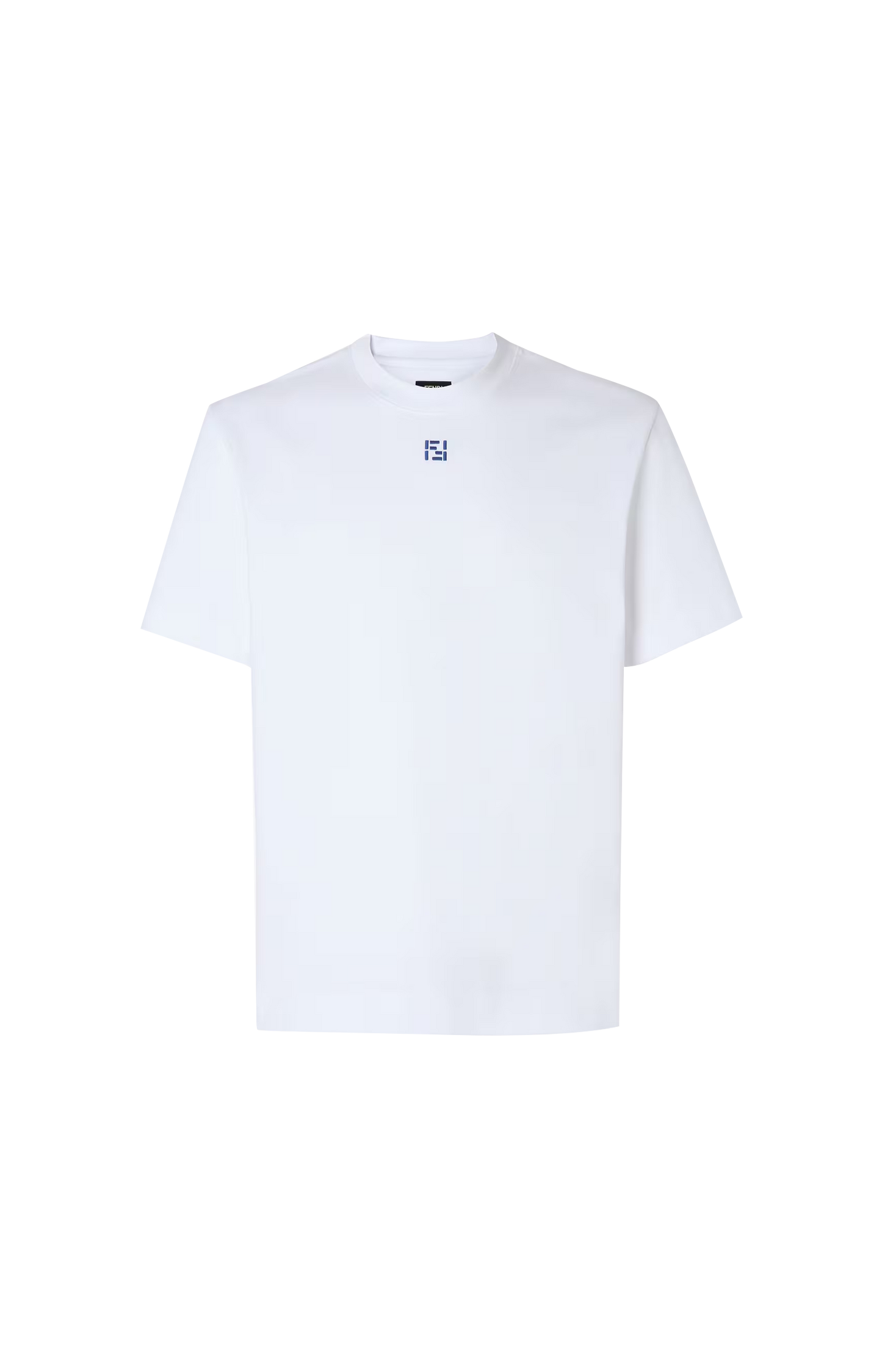 White t-shirt with a small logo on a white background
