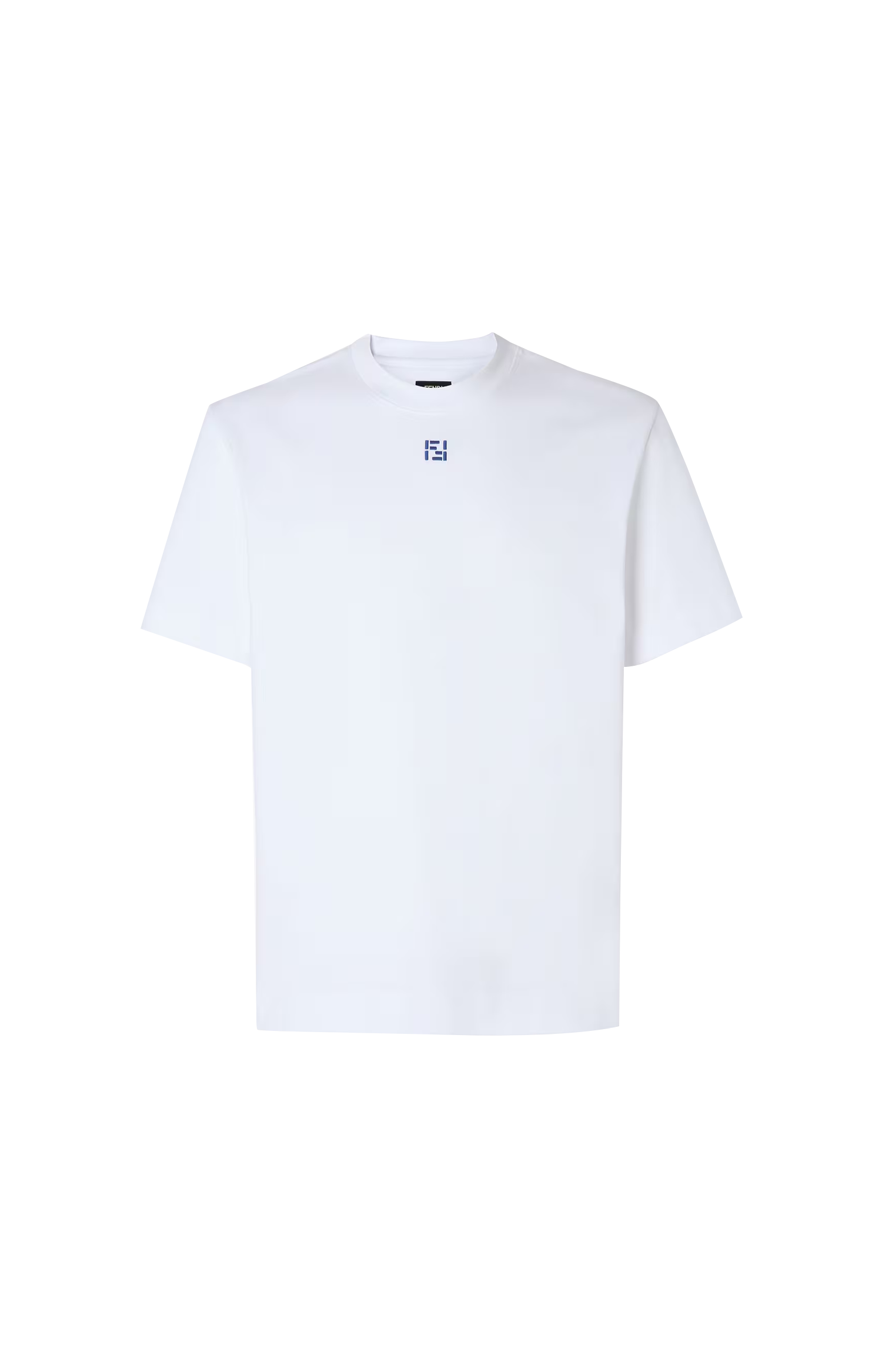 White t-shirt with a small logo on a white background
