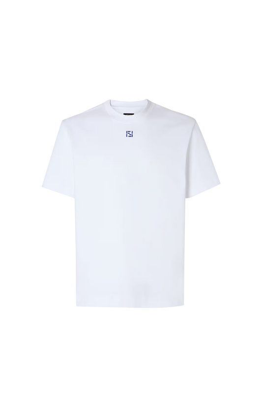White t-shirt with a small logo on a white background