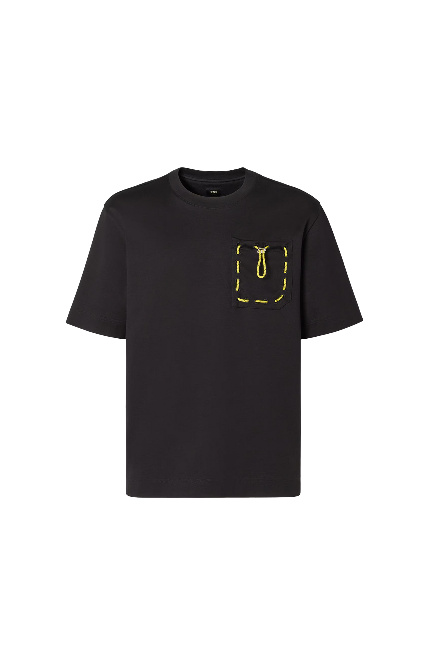 Black t-shirt with a yellow graphic on a white background