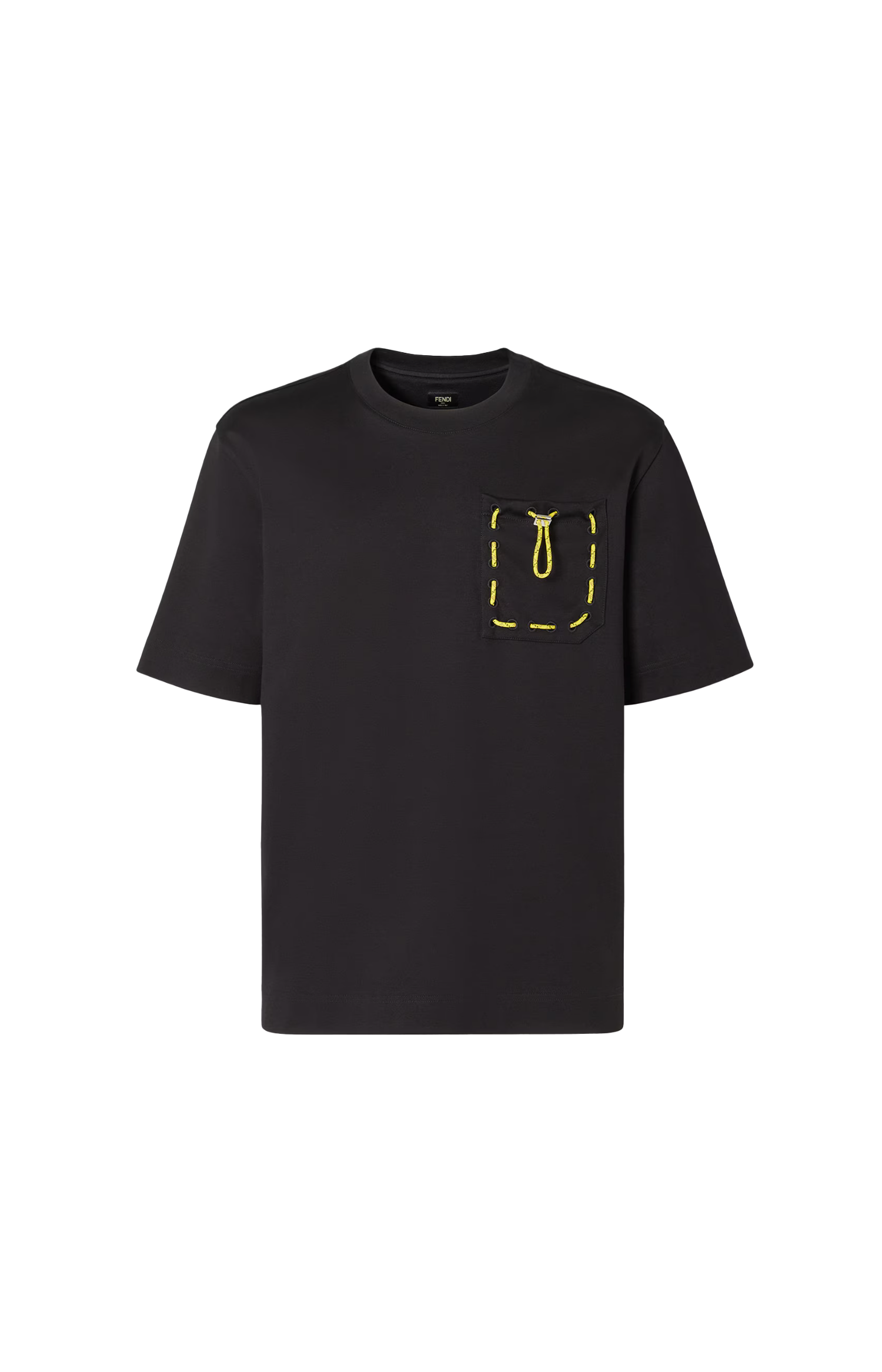Black t-shirt with a yellow graphic on a white background
