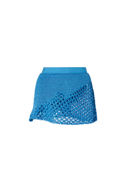 Light blue silk macramé miniskirt.