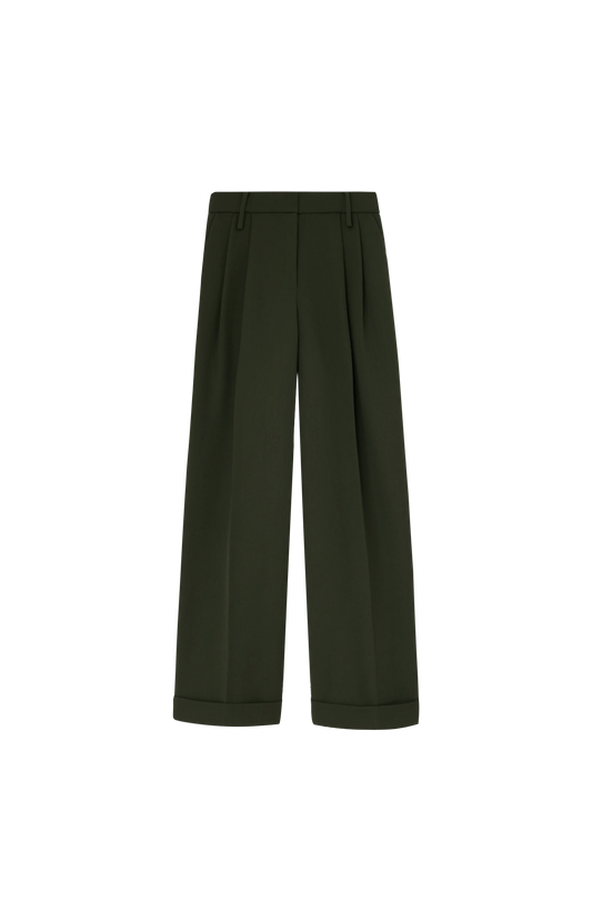 Single Wool Twill Oversized Pleated Pants in Kombu Green