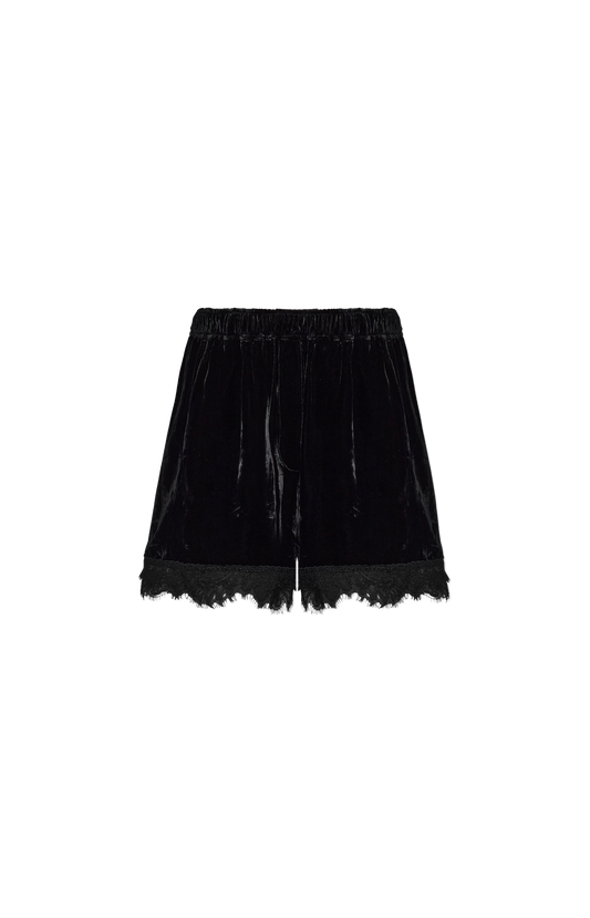 Lace-Trim Velvet Shorts in Black