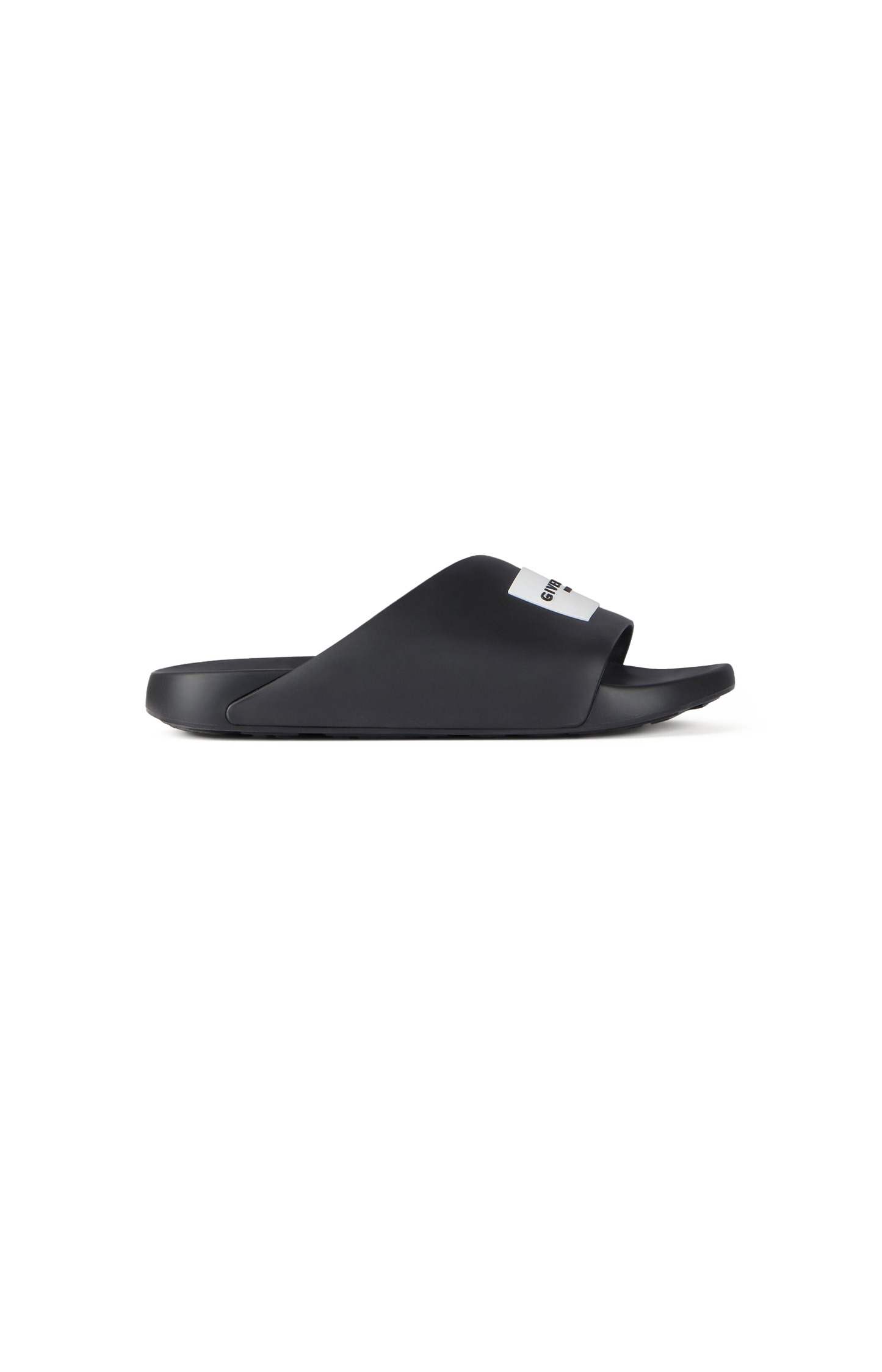 Black slide sandal on a white background