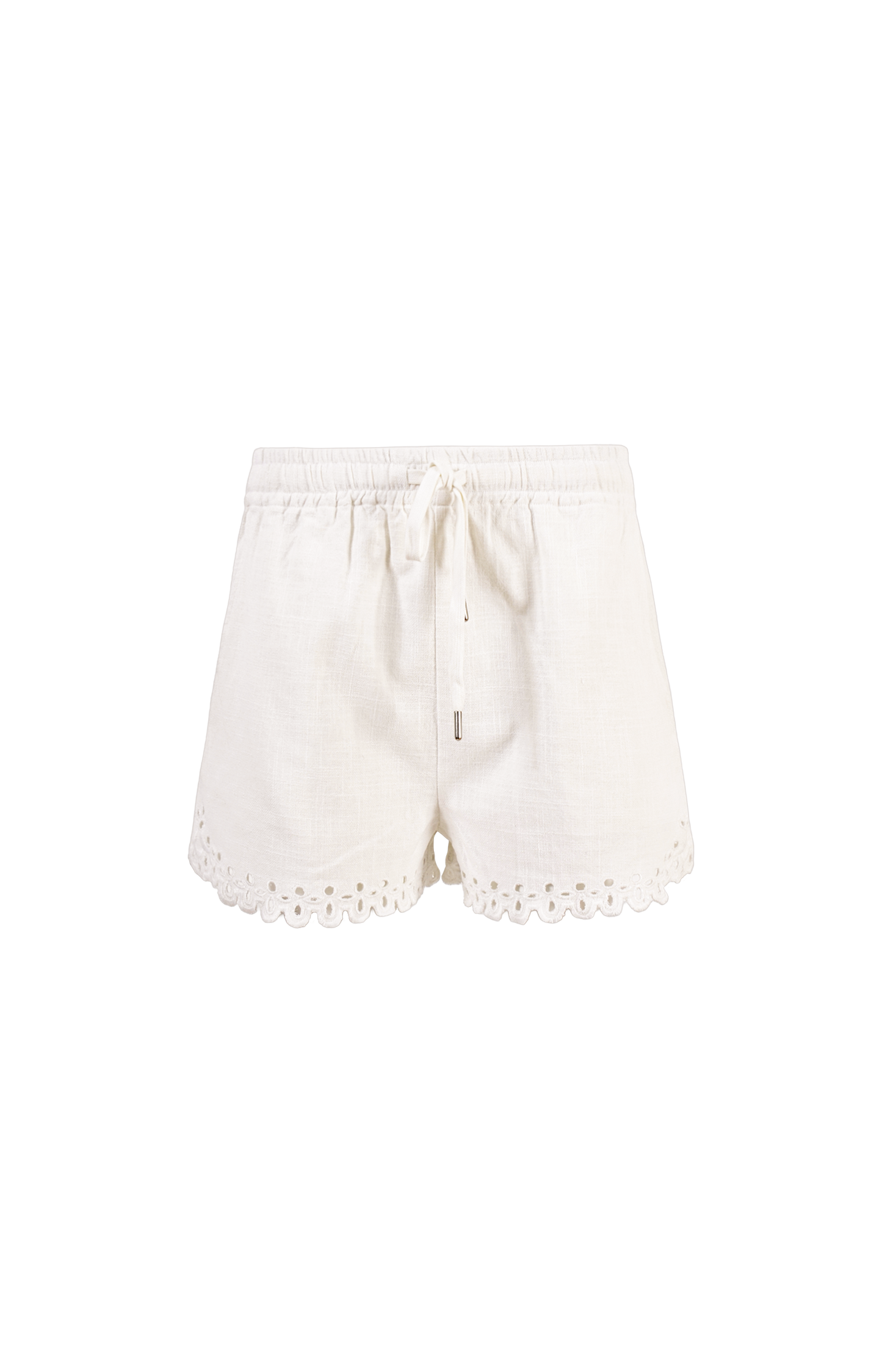 White shorts with lace details on a white background