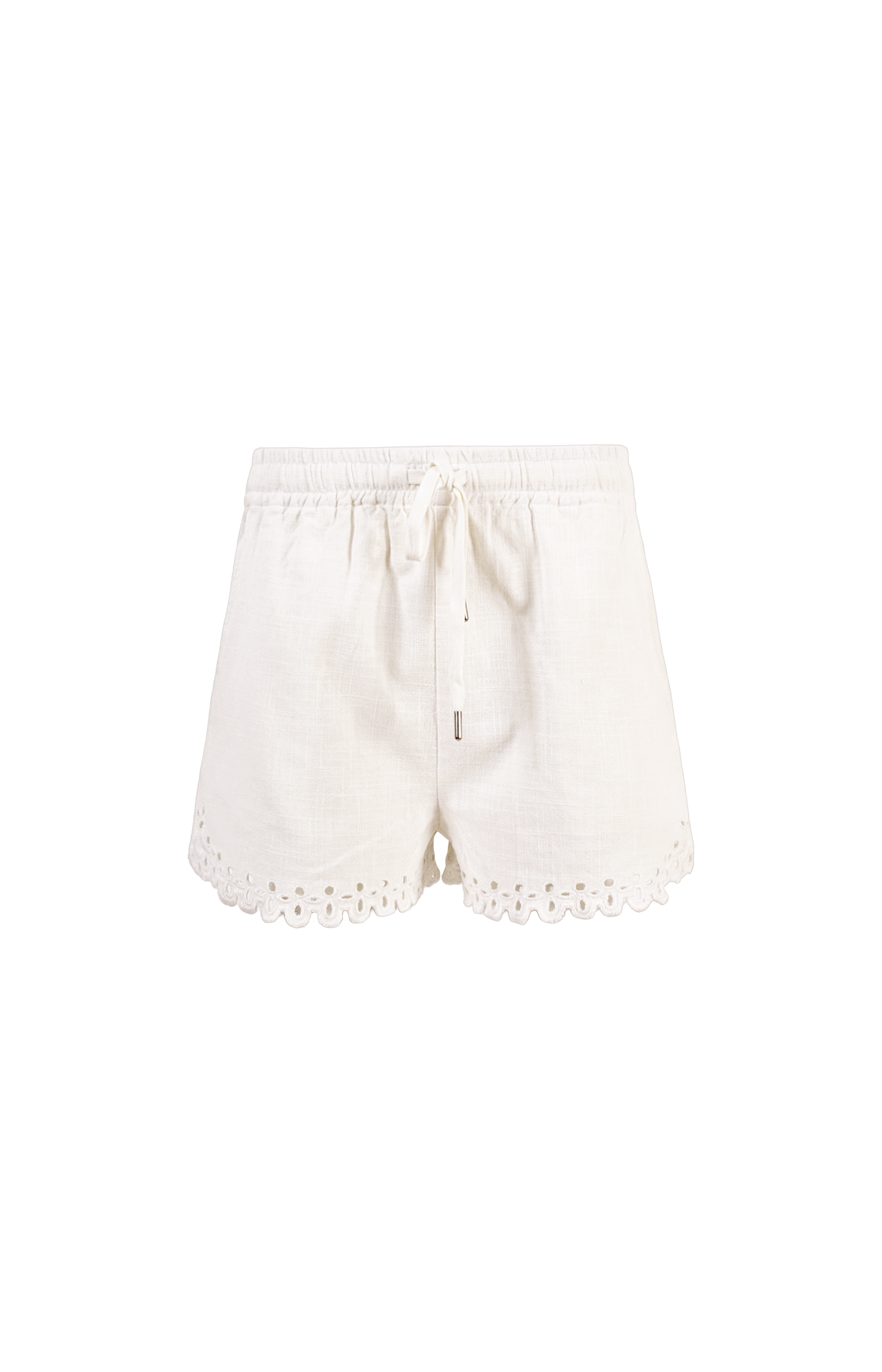 White shorts with lace details on a white background