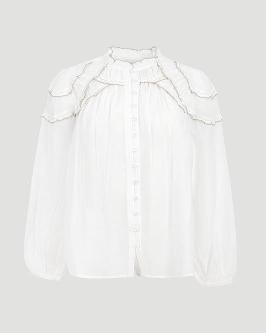 Christa Gathered Cotton Blouse in White