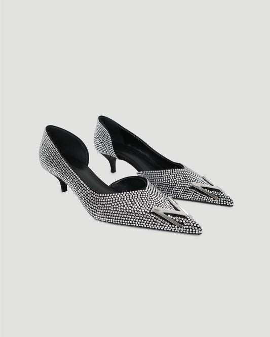 Low pointed d'orsay heel in black diamante crystals