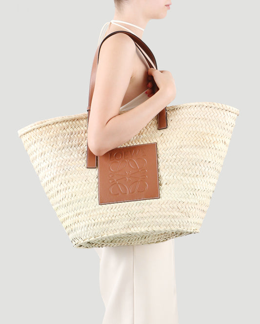 Large Classic Basket in palm leaf and calfskin