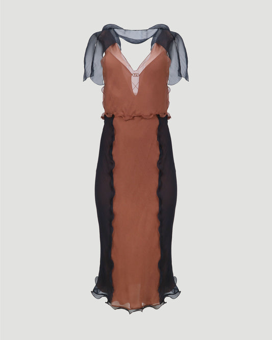 Chiffon dress in brown and black