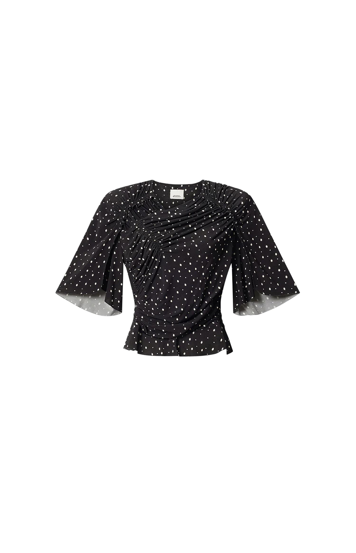 Black blouse with white polka dots on a white background