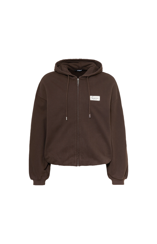 Jacquemus The Corso Zip Hoodie in Dark Brown — front view