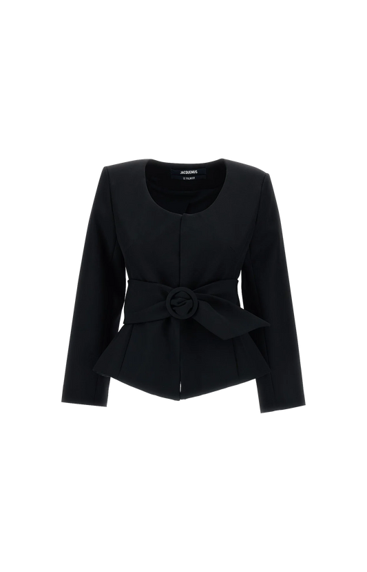 Jacquemus Belted Peplum Jacket in Black — front view