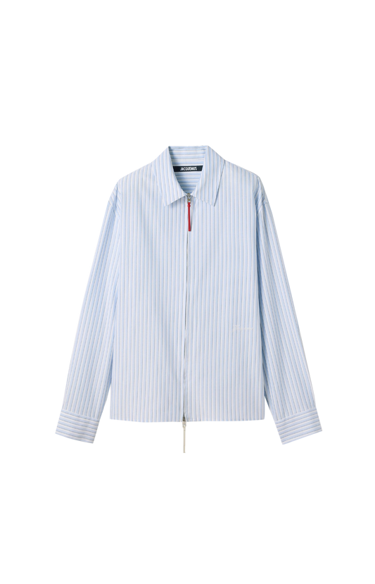 Jacquemus Long-Sleeve Zip-Front Striped Shirt in Blue — front view