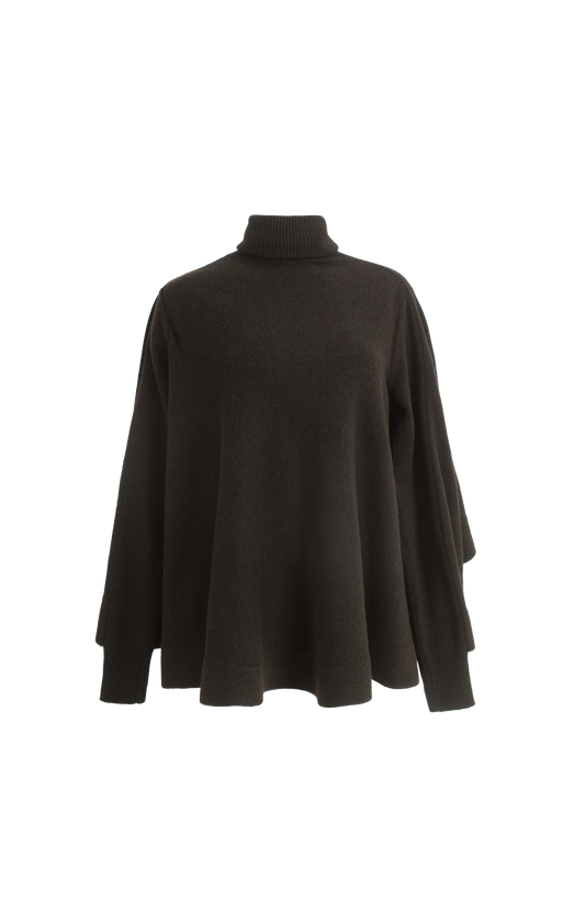 Jacquemus Draped High-Neck Knitted Sweater in Dark Brown — front view
