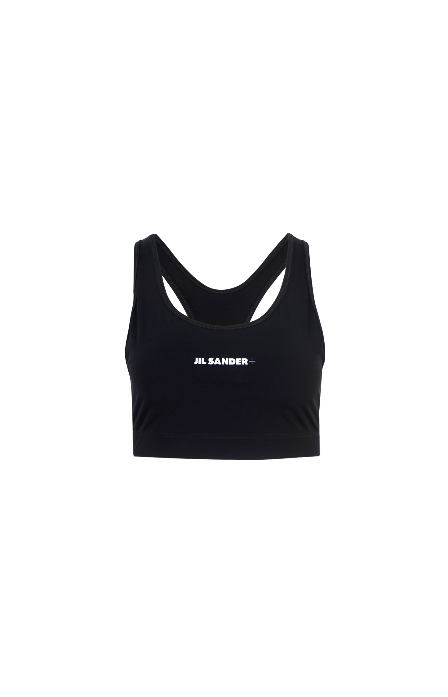 Black sports bra with 'Jil Sander' logo on a white background