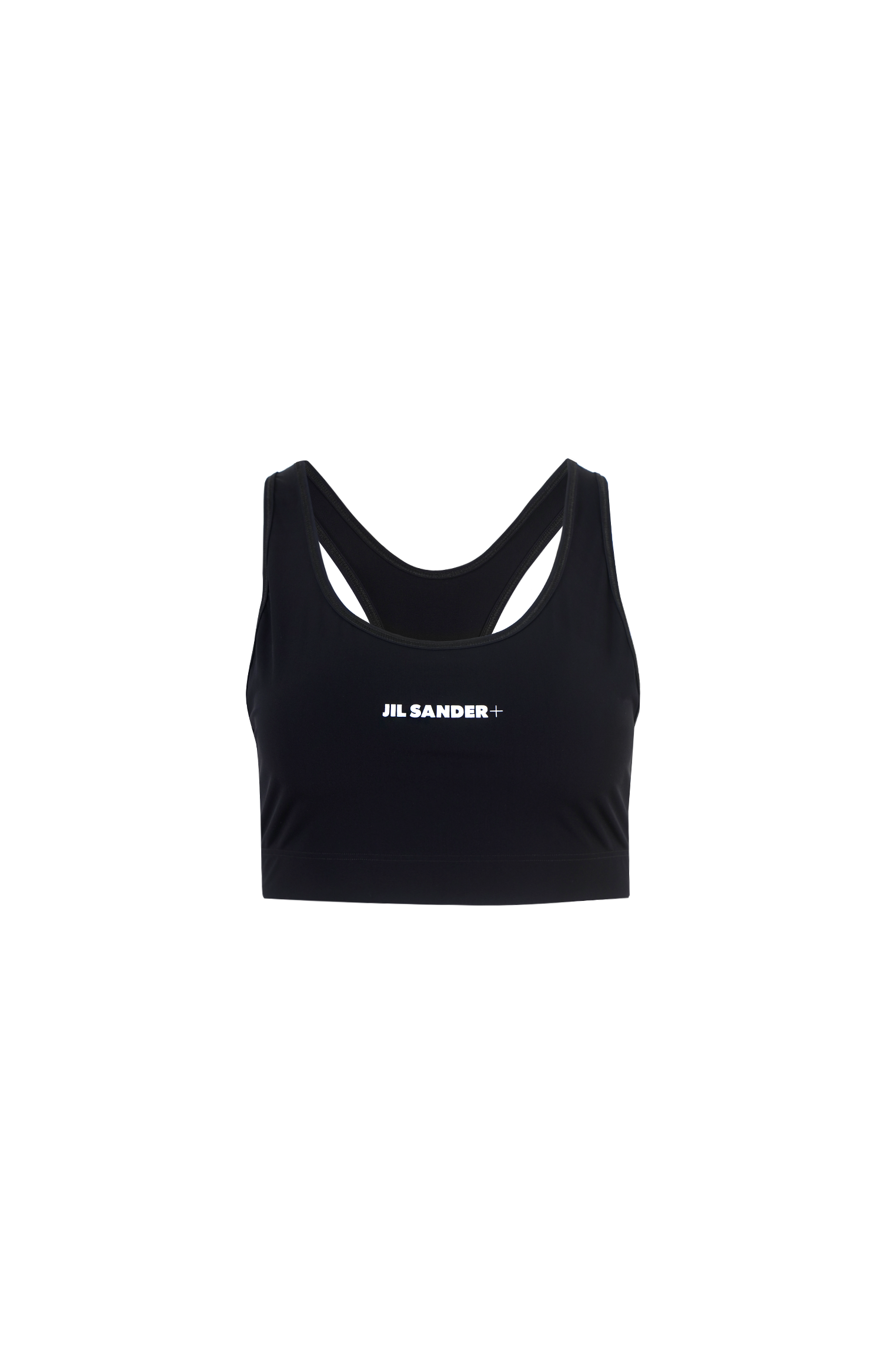 Black sports bra with 'Jil Sander' logo on a white background