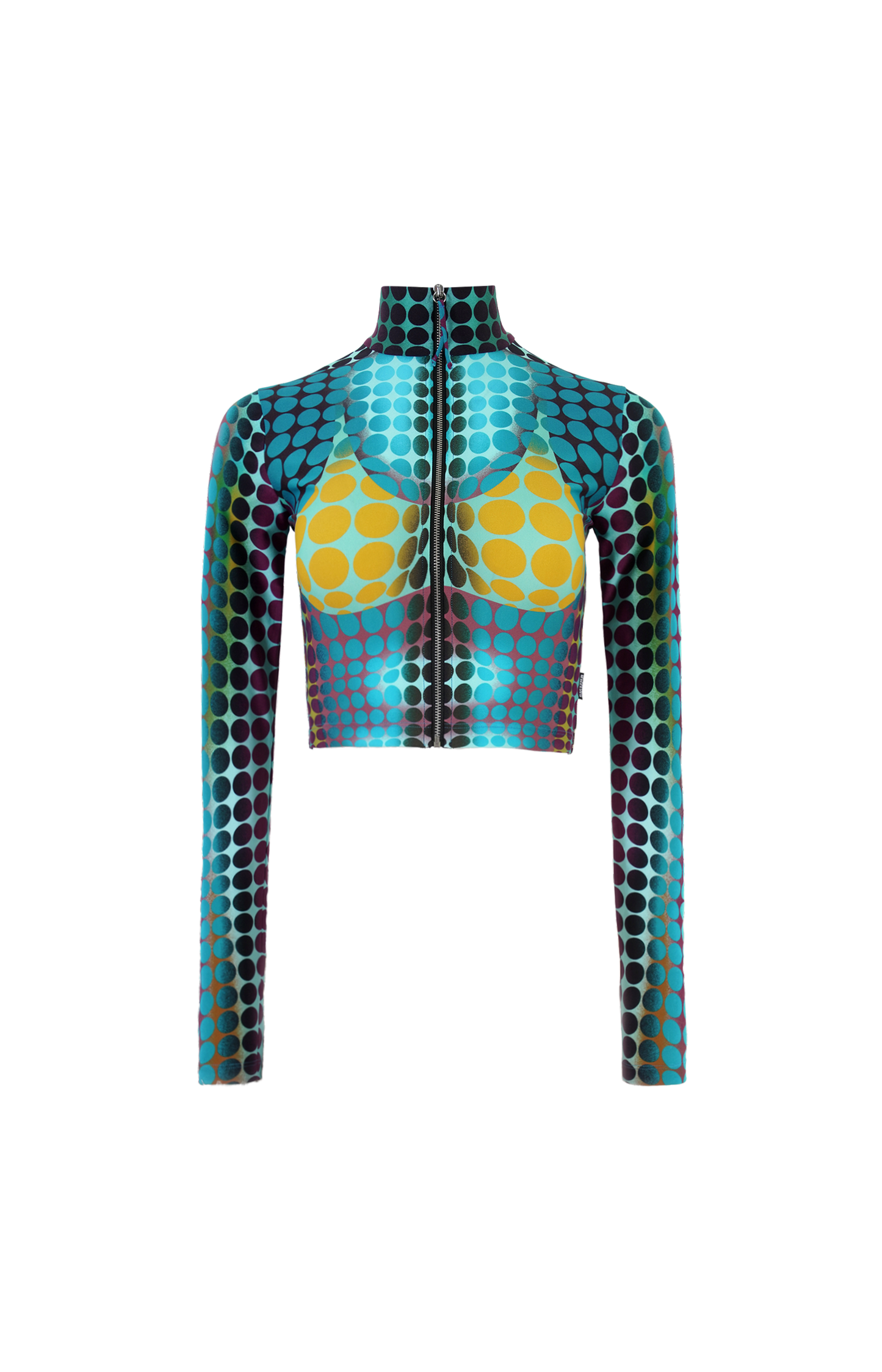 Cropped Zip-Up Long Sleeve Top Blue Dots Print