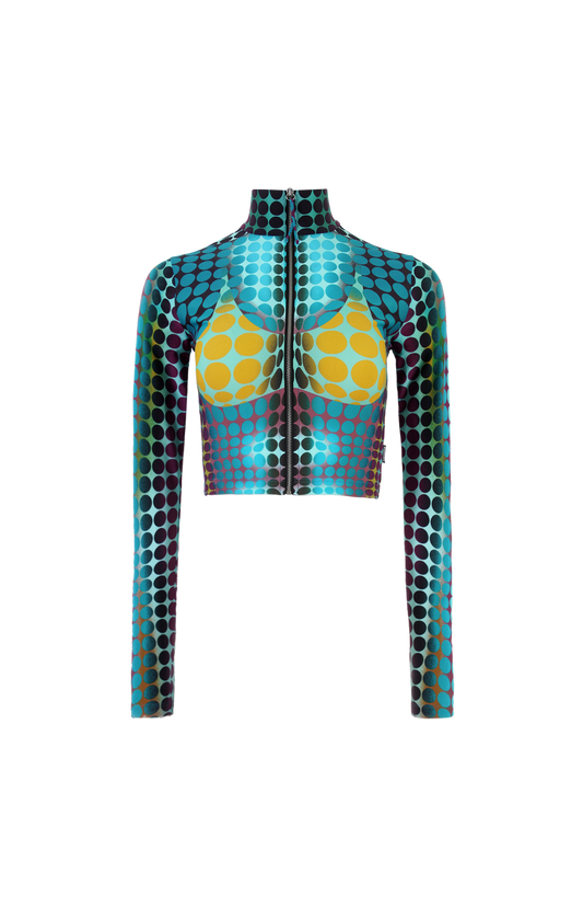 Cropped Zip-Up Long Sleeve Top Blue Dots Print