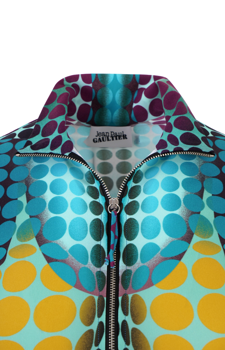 Cropped Zip-Up Long Sleeve Top Blue Dots Print