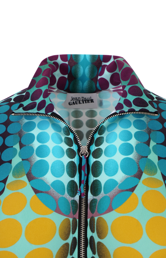 Cropped Zip-Up Long Sleeve Top Blue Dots Print