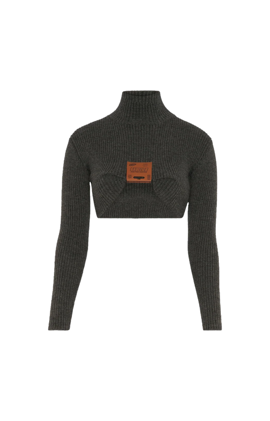 Jean Paul Gaultier Cropped Wool-Blend Turtleneck Sweater in Mid Grey — front view