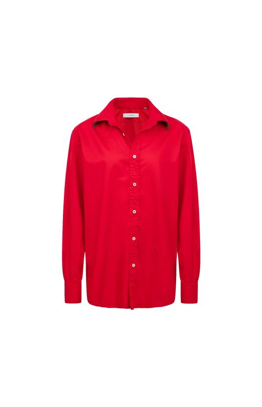 Julie Kegels Cotton Shirt with Contrasting Wool Collar in Red — front view