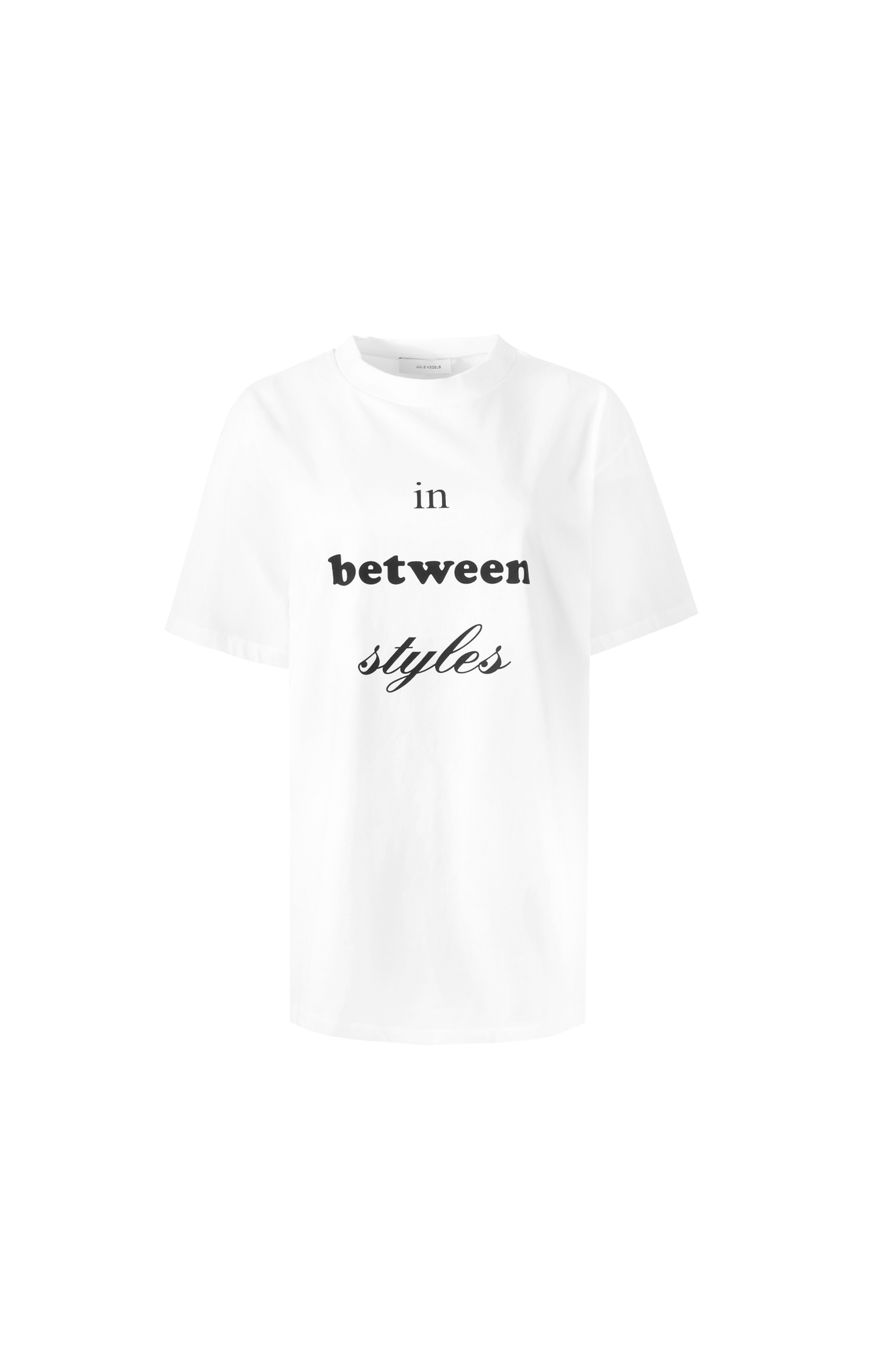 White t-shirt with black text 'in between styles' on a white background