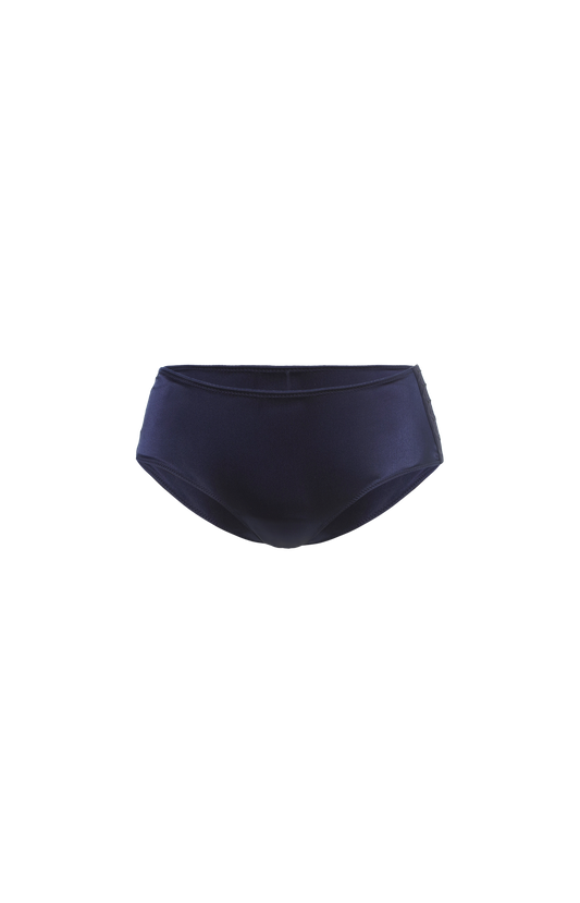 Navy blue high-waisted bikini bottom on a white background