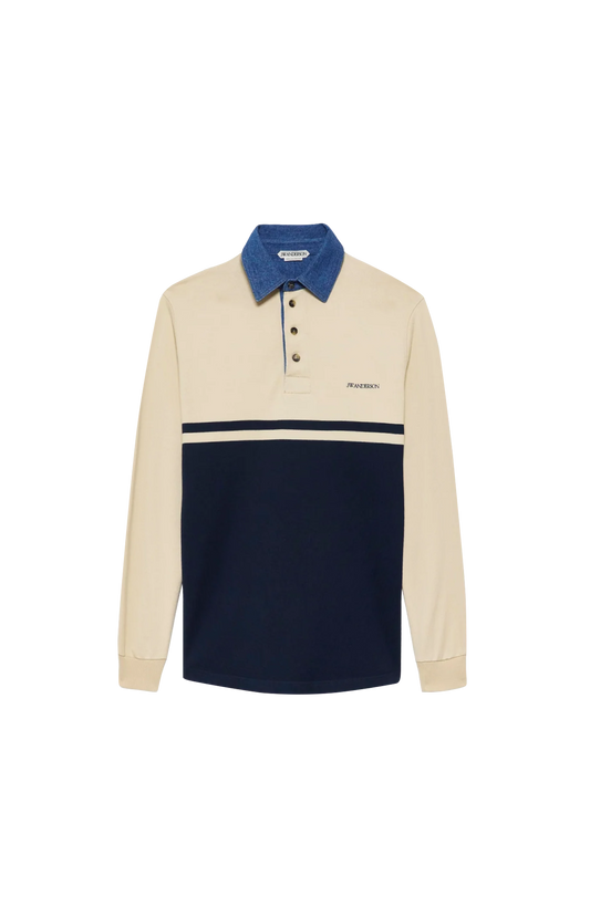 JW Anderson Contrast Collar Rugby Polo in Off White & Navy — front view