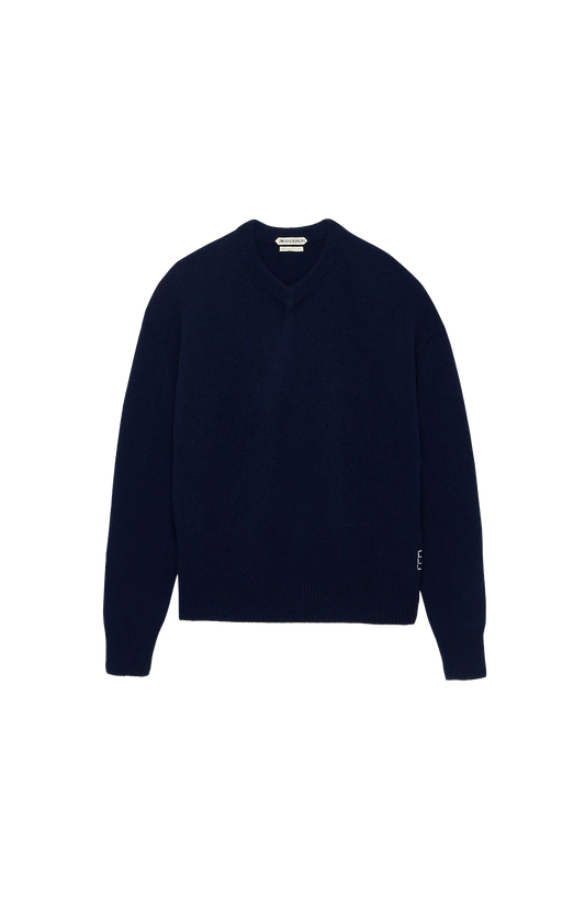 JW Anderson V-Neck Cashmere Jumper in Navy — front view