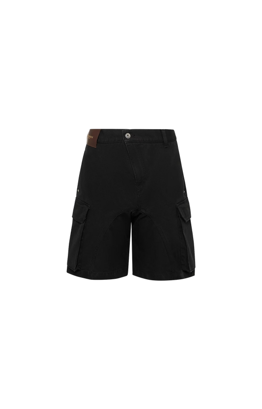 JW Anderson Twisted Patch Pocket Shorts in Black — front view