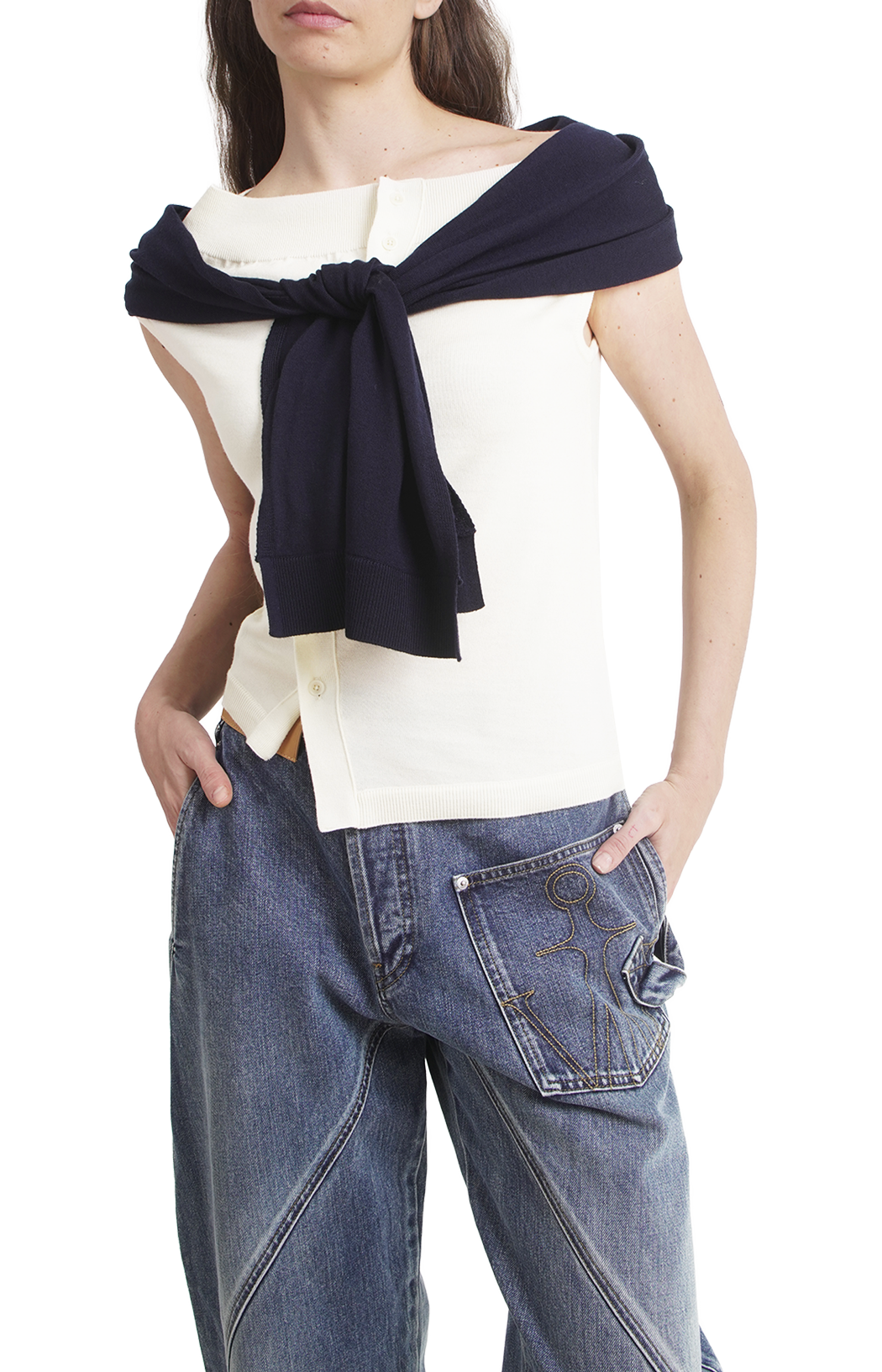 Off Shoulder Tank Top in White & Navy