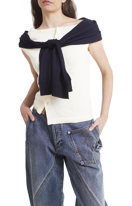 Off Shoulder Tank Top in White & Navy