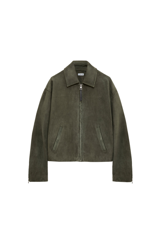 Loewe Suede Zip-Up Jacket in Green — front view