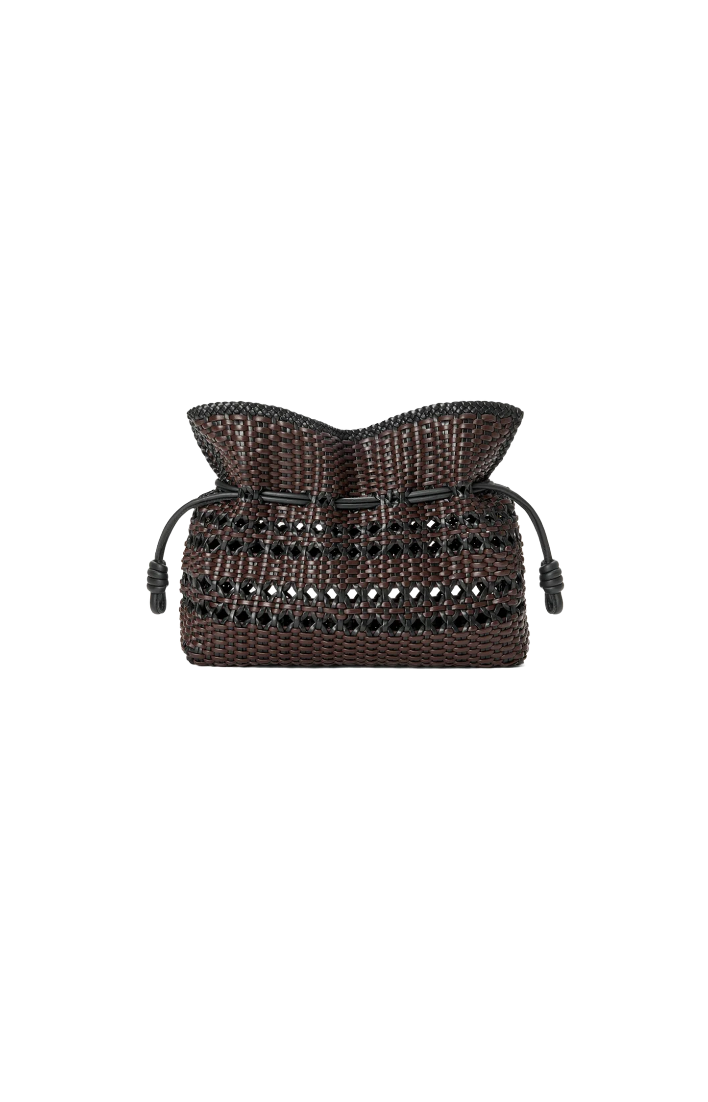 Brown woven handbag on a white background