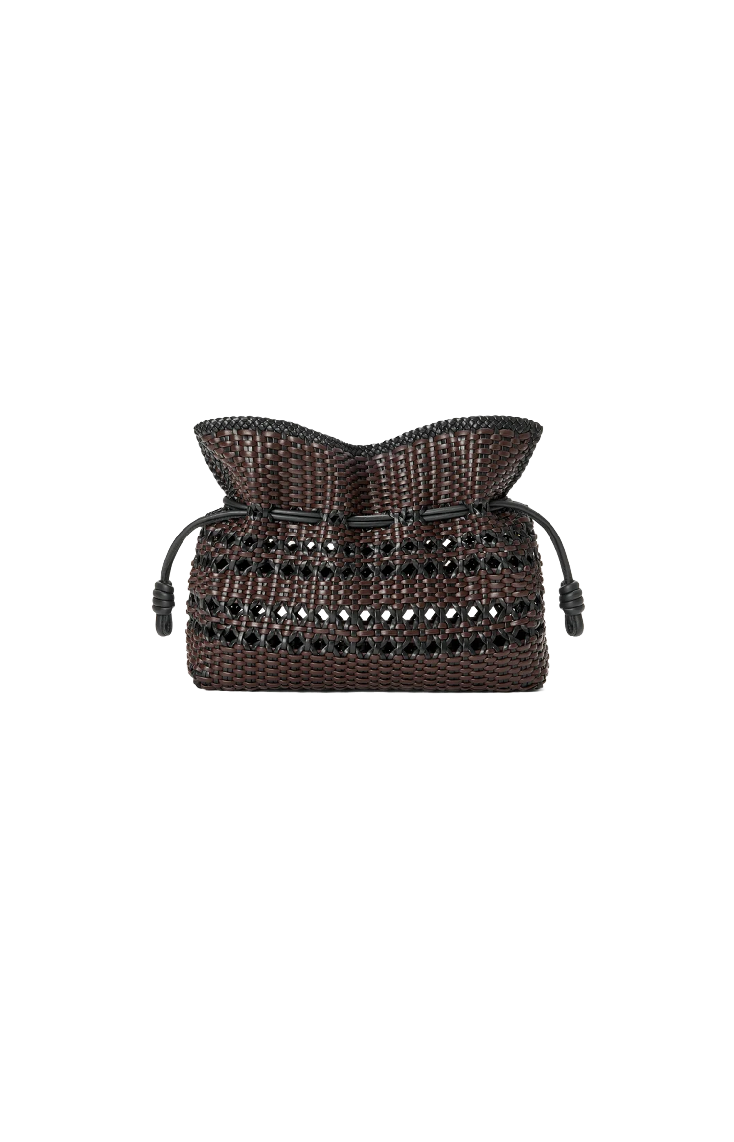 Brown woven handbag on a white background