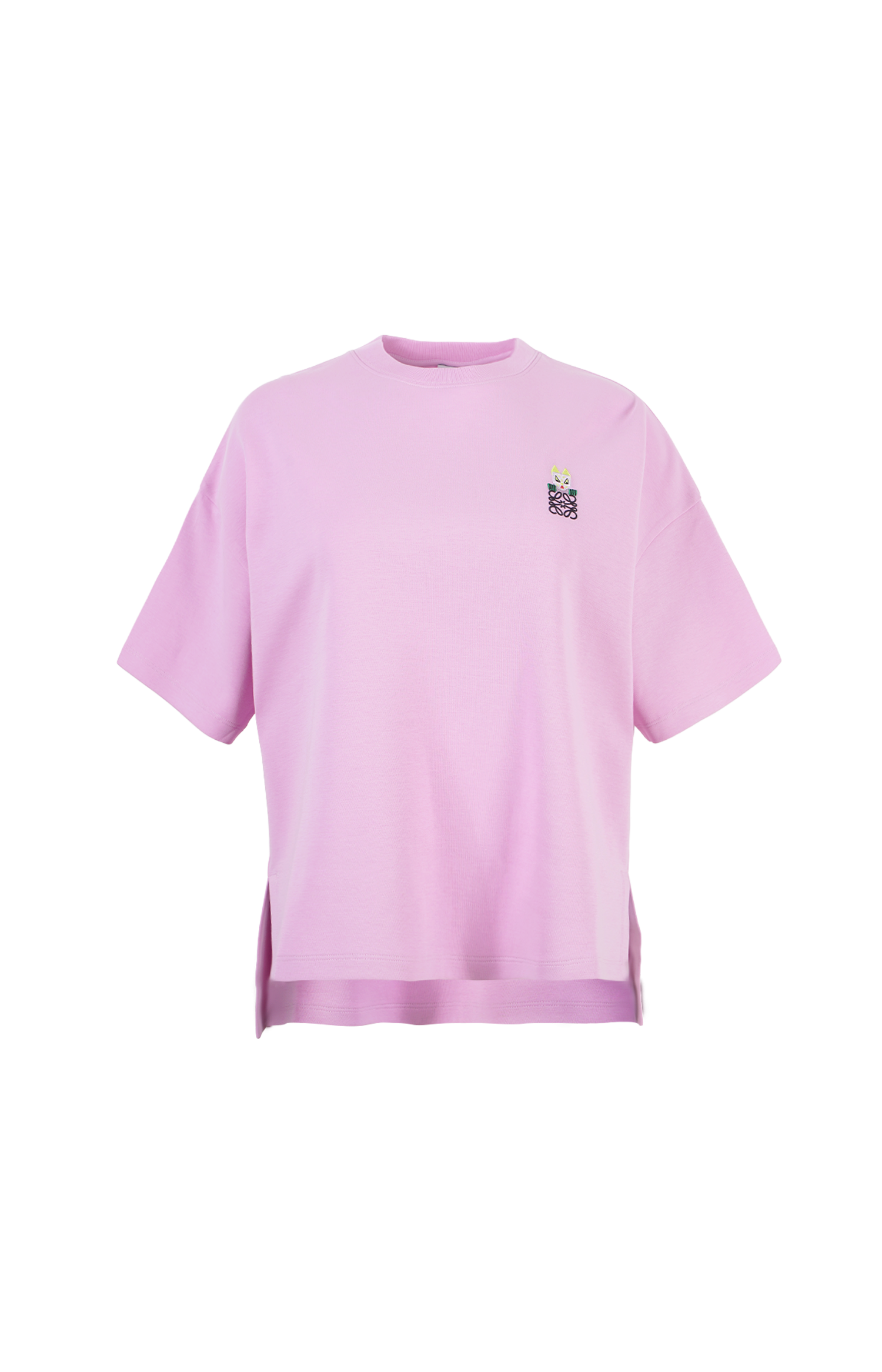 Pink t-shirt with a small logo on a white background