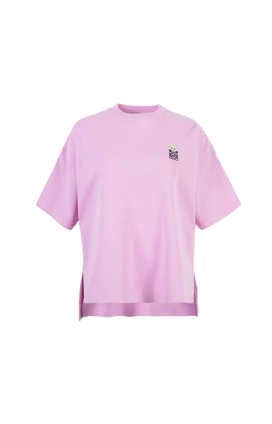 Pink t-shirt with a small logo on a white background