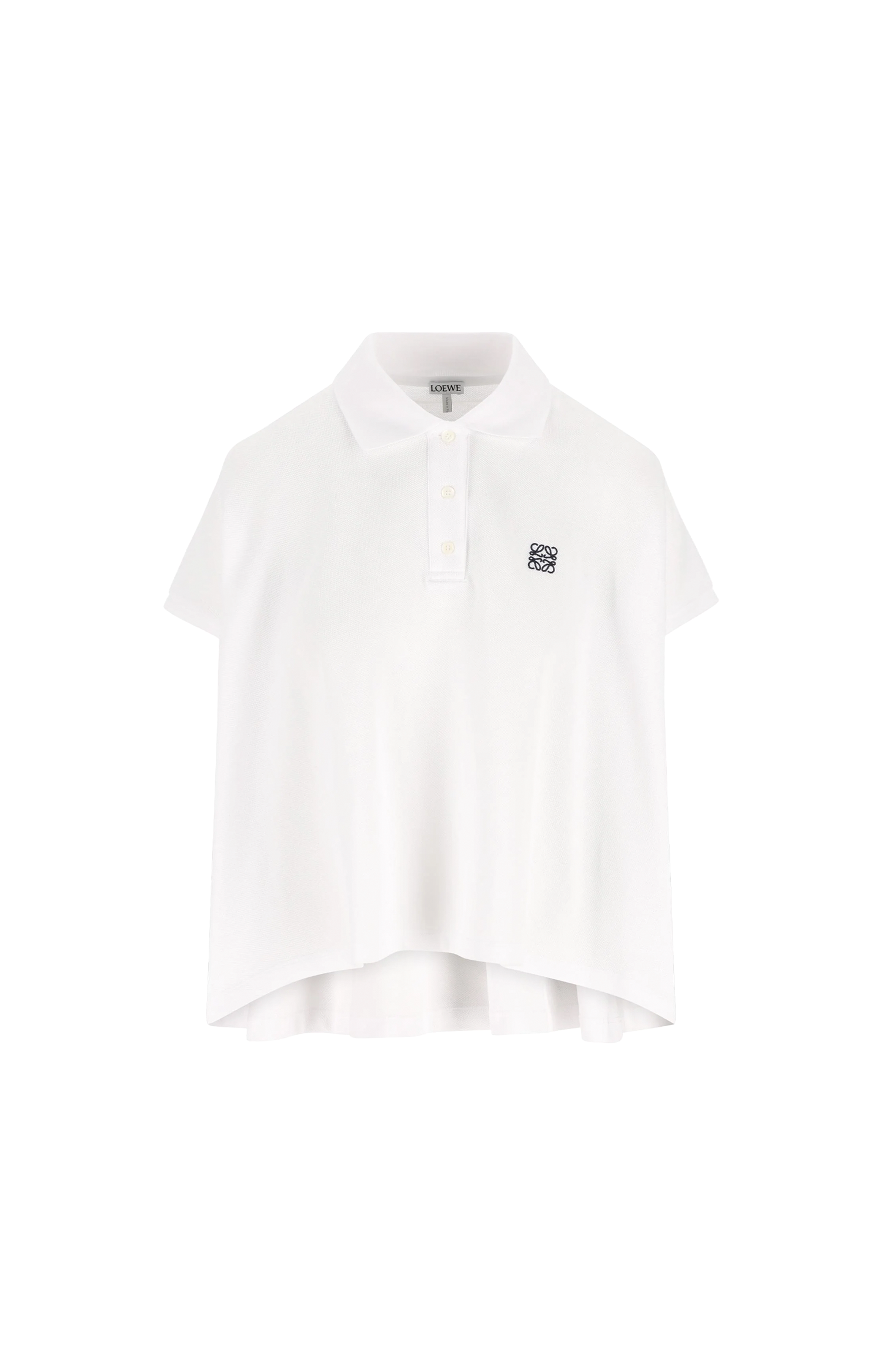 White polo shirt with a small logo on a white background