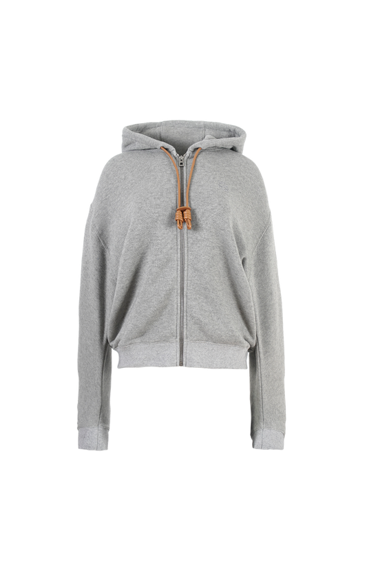 Gray hoodie with a brown zipper on a white background