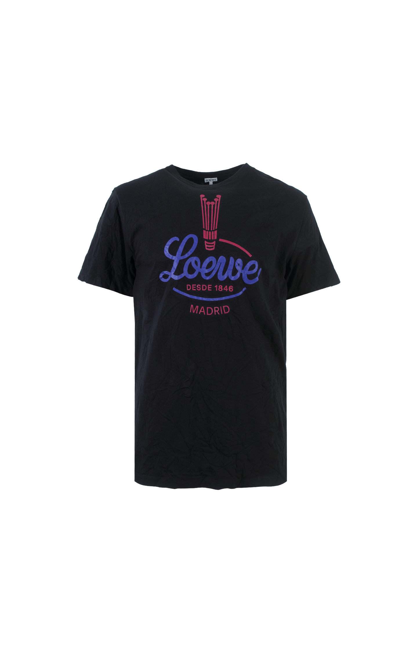 Black t-shirt with colorful 'Loewe' logo on a black background